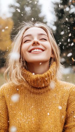 Young Woman Enjoying Winter, Smiling with Snowflakes Falling, Winter Wonderland Portraitの素材