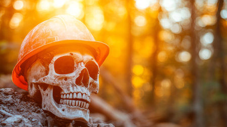 Forgotten Reminder Skull in Hard Hat Amongst Autumn Leaves, Construction Site Safetyの素材