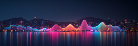 Futuristic Cityscape At Night With Glowing Financial Graphs, Symbolizing Economic Growthの素材