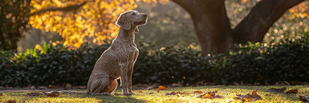 Alert Shorthaired Pointer Dog Sitting in a Sunny Autumn Park with Colorful Fallen Leavesの素材