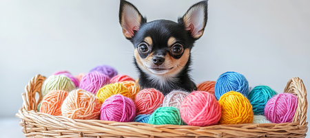 Playful Chihuahua Puppy in Wicker Basket Brimming with Colorful Yarn Balls, Natural Lightの素材