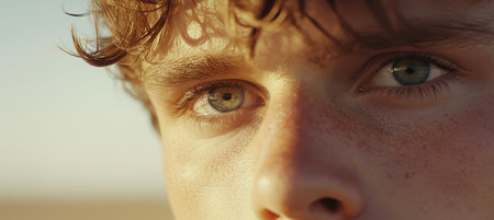 Close Up Portrait of Young Man with Piercing Blue Eyes and Freckles, Bathed in Golden Sunlightの素材
