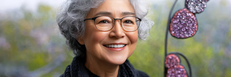 Portrait of a Happy Senior Woman with Grey Hair and Glasses, Smiling at the Camera Outdoorsの素材