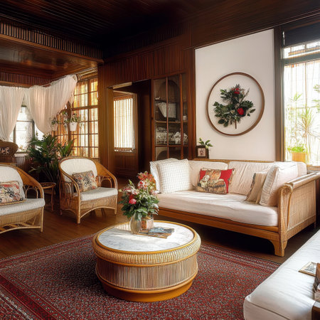 Traditional Asian Living Room Interior With Woven Furniture, Large Windows, And Warm Wood Accents.の素材