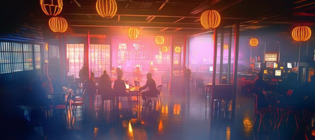 Blurry People in Dark Lounge with Orange Lights, Abstract Interior with Tables and Chairsの素材