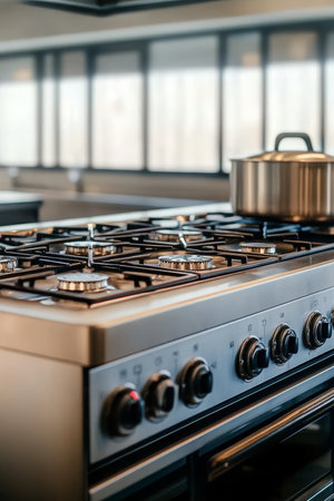 Close-Up Of A Modern Stainless Steel Gas Stove With Burners, Controls, And A Pot In The Backgroundの素材