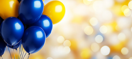 Blue and Yellow Balloons on Sparkling Festive Background, Celebration Greeting Concept Designの素材