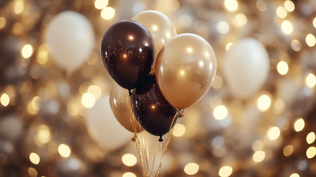Brown and Cream Party Balloons, Festive Decoration on a Blurred Background with Golden Bokeh Lightsの素材