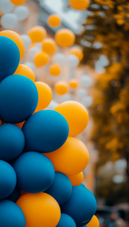Vibrant Blue And Yellow Balloons Decorated For A Festive Outdoor Celebration During The Day.の素材