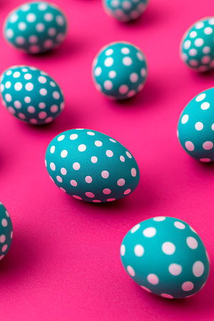 Teal Blue Easter Eggs With White Polka Dots On A Vibrant Pink Background With Copy Spaceの素材