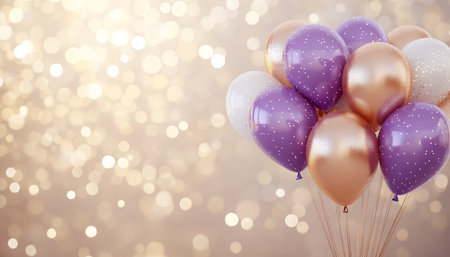 Shiny Purple and Bronze Balloons on a Sparkling Golden Background for Celebration or Birthdayの素材