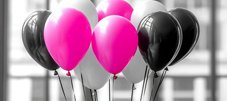 Festive Black and Pink Balloons On Monochromatic Background, Celebration, Party Decorationsの素材