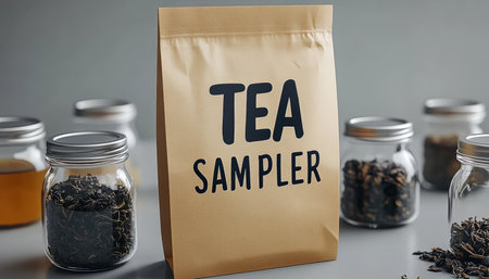 Tea Sampler Package Mockup, Surrounded By Jars of Various Loose Leaf Teas on a Minimalist Backgroundの素材