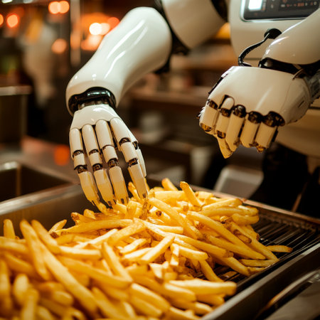 Robotic Chef Frying Golden French Fries in a Modern Kitchen A Glimpse into Automated Food Serviceの素材
