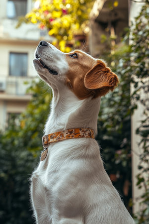 Curious Beagle Dog, Portrait of a Young Beagle With Brown and White Fur Looking Up Outdoorsの素材