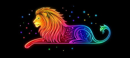 Rainbow Lion Side View. Majestic Mane, Starry Background. Digital Artwork, Pride Illustratioの素材