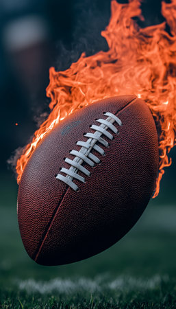 Fiery Football An American Football Engulfed in Fiery Flames Against a Dark Backdropの素材