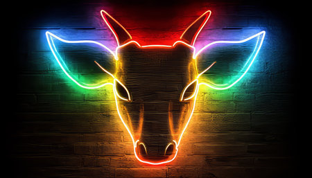 Neon Rainbow Goat Head Sign on Dark Brick Wall, Vibrant Animal Art, Colorful Illuminationの素材