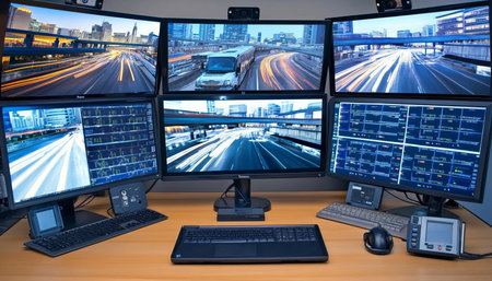 High-Tech Security Control Room with Multiple Screens Displaying City Surveillance Footageの素材