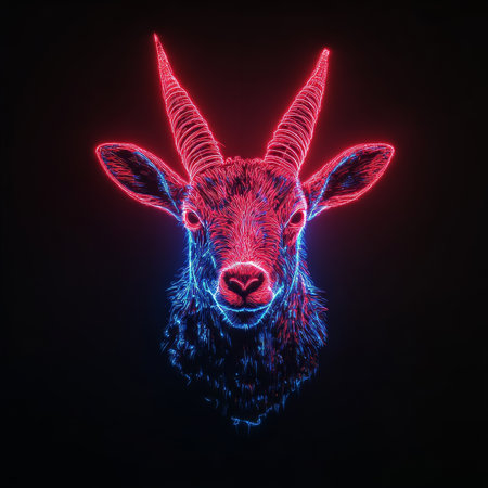 Neon Capricorn Glowing Zodiac Sign with Vibrant Lighting Effects on Black Backgroundの素材