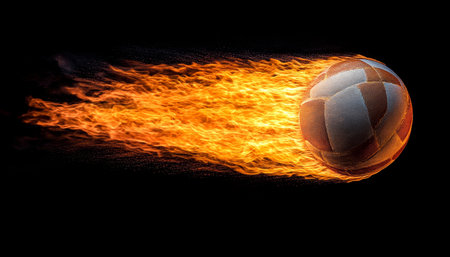 Fiery Volleyball Textured volleyball engulfed in flames, set against a black background.の素材