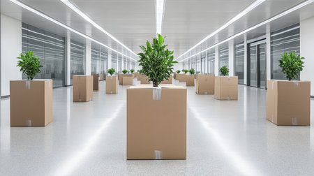 Moving Day Modern Office Space Prepared for Corporate Relocation with Numerous Cardboard Boxesの素材