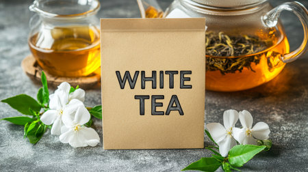 Elegant kraft paper pouch displaying  white tea  with a glass teapot showcasing blooming tea flowersの素材