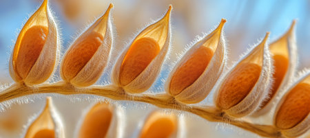 Close-up of Delicate Seed Pods on a Branch, Natures Intricate Beauty in a Macro Photographの素材