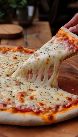 Delicious cheesy pizza with a slice being lifted, showcasing the gooey melted cheese.の素材