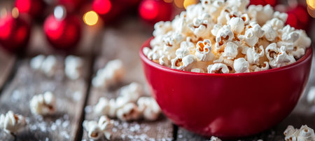 Overflowing Bowl of Popcorn and a String of Red Christmas Ornaments on a Rustic Wooden Surfaceの素材