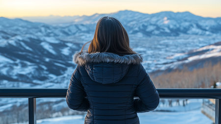 Teenage Girl In Winter Clothes Viewing Snowy Mountain Landscape From Balcony at Sunsetの素材