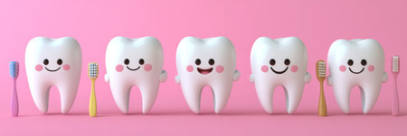 3D Rendering of Five Cute, Happy White Teeth Holding Toothbrushes, Isolated on a Pink Backgroundの素材