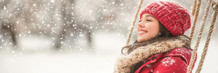 Beautiful Woman in Red Enjoying a Snowy Day, Smiling in Winter Wonderland on a Swing During Snowfallの素材