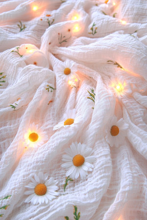 Delicate Linen Tablecloth Adorned with Daisies and Fairy Lights, Ethereal Spring Backgroundの素材