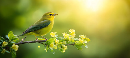 Bird Perched on Flowering Branch, Yellow Bird and Spring Blossom on Green Bokeh backgroundの素材