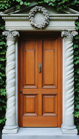 Classic Wooden Front Door, Elegant Entrance With Ornate Stone Columns And Lush Green Ivyの素材