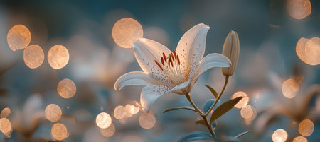 White Lily Bloom Against Turquoise, Tranquil Floral Background With Dreamy Bokeh Lightsの素材