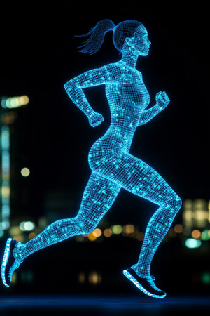Blue Energy Athlete Woman Runner Composed Of Interconnected Nodes, High Tech Fitnessの素材