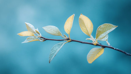 Spring Awakening Delicate New Leaves Unfurl on a Branch Against a Serene, Cool-Toned Backgroundの素材