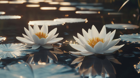 Two White Water Lilies in Bloom on a Calm Pond at Sunset, Serenity and Meditation Backgroundの素材