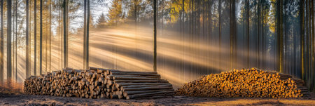Golden Sunlight Streams Through a Forest of Tall Trees, Illuminating Neat Piles of Firewood.の素材