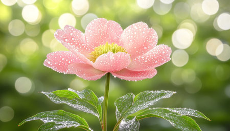 Glistening Dewdrops on a Delicate Pink and Cream Peony Flower, with Magical Bokeh Backgroundの素材