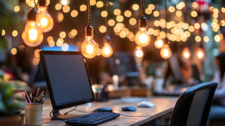 Coworking Space, Warm String Lights, Nighttime Ambiance, Modern Office, Collaborative Environmentの素材