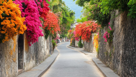 Charming Narrow Street with Colorful Flowers in a Picturesque Town in Hoi An, Vietnamの素材