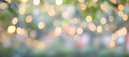 Bokeh Background With Defocused Lights, Abstract Blurred Outdoor Garden Party In Green And Goldの素材
