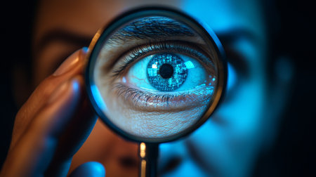 Cybernetic Vision, Close Up Digital Information Reflected On A Human Eye, Seen Through Magnifyingの素材