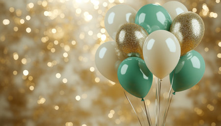 Green, Gold And White Balloons On Gold Bokeh Background, Holiday Celebration Concept.の素材