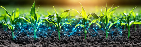 Maize Seedlings in Cultivated Field with Digital Network Graphic, Modern Agricultural Technologyの素材