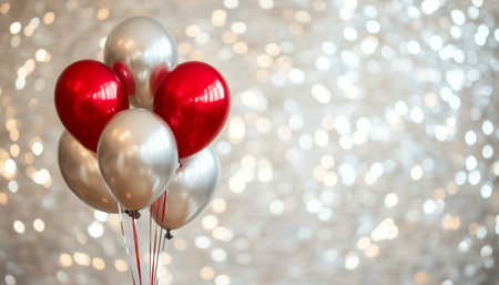 Red And Silver Balloons On A Silver Bokeh Background, Festive Celebration With Decorationの素材