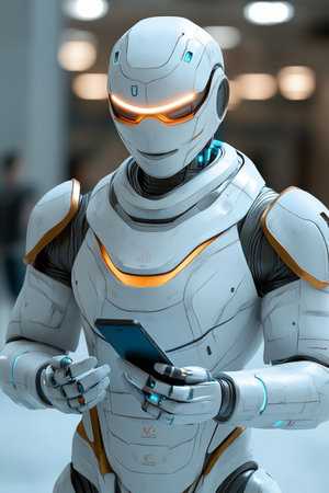 Futuristic Android Using Smartphone, Modern Technology Concept. 3D Rendered Illustration.の素材